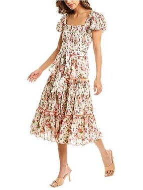 LoveShackFancy Masie Cream Floral Midi Dress with Pink & Green Bouquet Print
